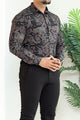 Turbo Retro Flower Motif Long Sleeve Cotton Casual Shirt In Black