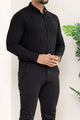 Turbo Self Stripe Motif Long Sleeve Cotton Casual Shirt In Black