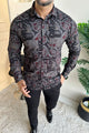 Turbo Retro Flower Motif Long Sleeve Cotton Casual Shirt In Black