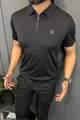Turbo Tri-Angle Pattern Zip-Collar Men's Polo Shirt In Black