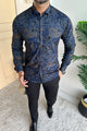 Turbo Retro Flower Motif Long Sleeve Cotton Casual Shirt In Blue
