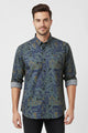 Turbo Retro Flower Motif Long Sleeve Cotton Casual Shirt In Blue