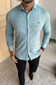 Turbo Vintage Patterend Long Sleeve Cotton Casual Shirt In Cyan